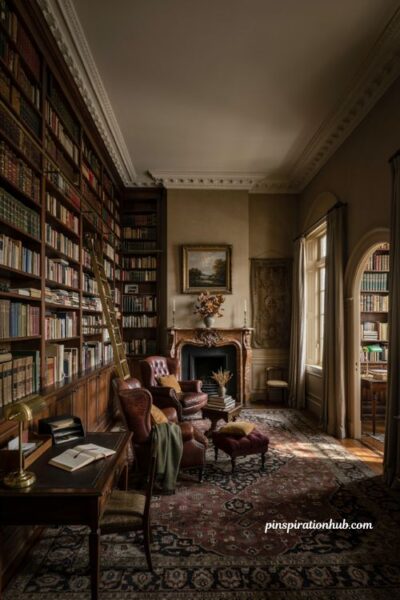 Bloxburg dark academia estate realistic fall house with vintage furniture and grand bookshelves