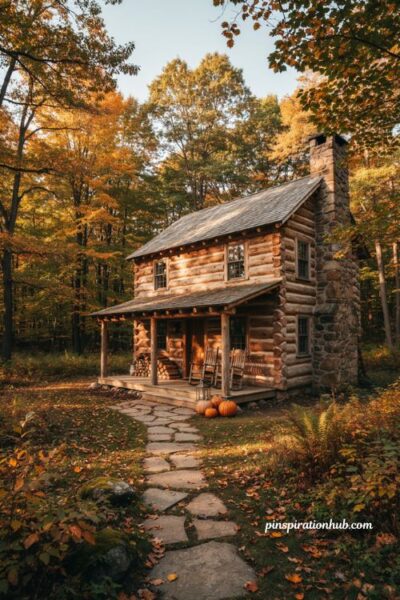 Bloxburg realistic rustic log cabin fall house with cozy mountain retreat and autumn trees (1)