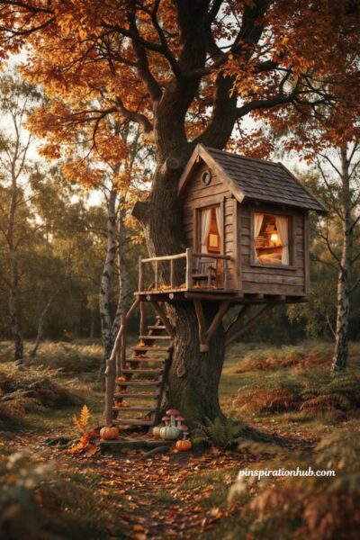 Bloxburg tiny autumn treehouse realistic fall house with cozy orange and yellow tree