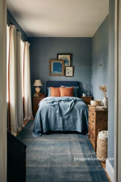 Blue bedroom with subtle burnt orange accents and cozy layered decor