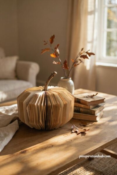 Book page pumpkin with vintage paper and old books for cozy fall decor