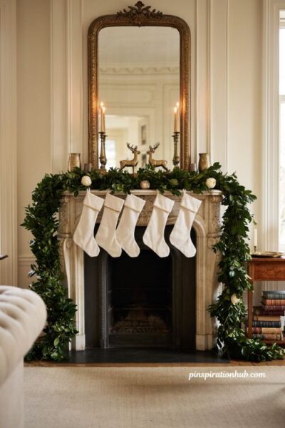 Boxwood garland and gold accents Christmas fireplace decor with elegant stockings
