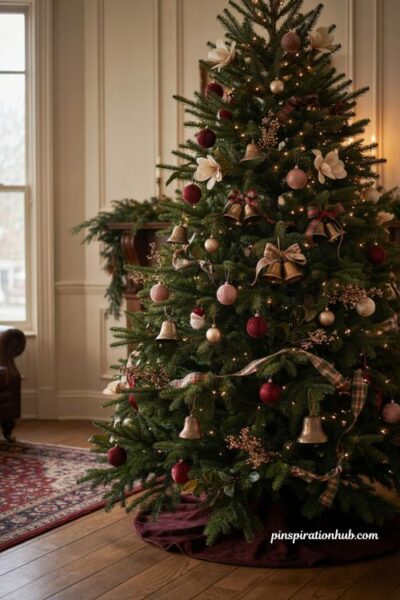 Brass bells and sleigh bell ornaments on a Christmas tree
