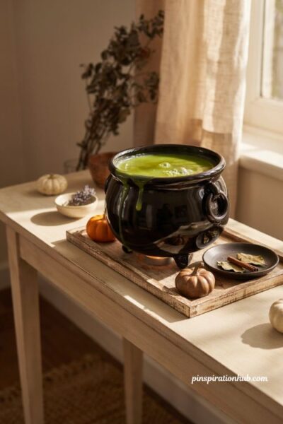 Bubbling black cauldron wax warmer with glowing green Halloween potion