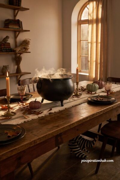 Bubbling witch cauldron Halloween centerpiece with playful witch legs