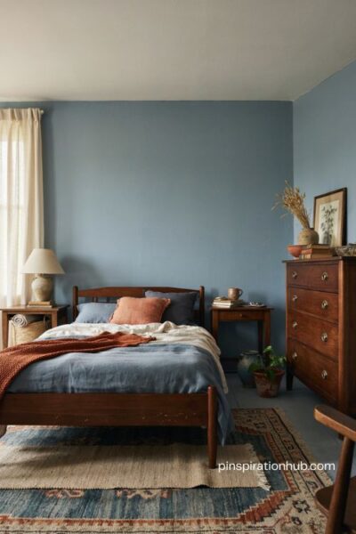 Burnt orange and blue bedroom with dark wood furniture and timeless cozy decor