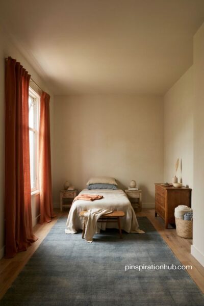 Burnt orange curtains and blue area rug in a warm neutral bedroom