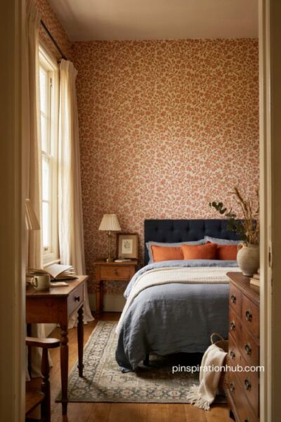Burnt orange floral wallpaper bedroom with blue bedding and vintage cozy decor