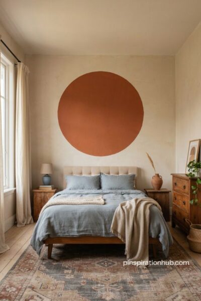 Burnt orange geometric wall shape behind headboard in a cozy blue bedroom