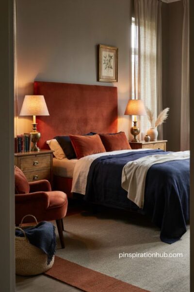 Burnt orange velvet and navy bedroom with rich cozy evening decor