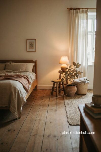 Calm natural corner in an earthy cozy bedroom with plant rattan basket warm lamp and wood stool