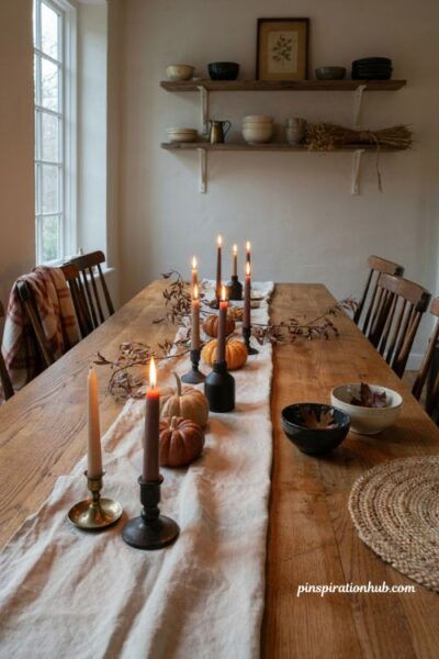 Candlelit Halloween table with black flameless candles pumpkins and dried branches