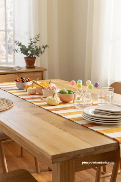 Candy corn Halloween table runner with mini pumpkins and candy