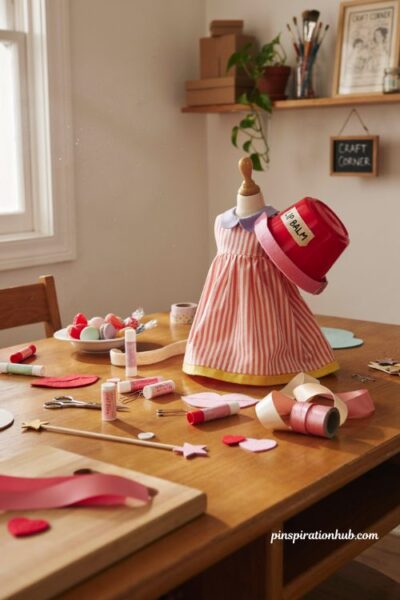 Candy lip balm costume with colorful dress and diy bucket hat