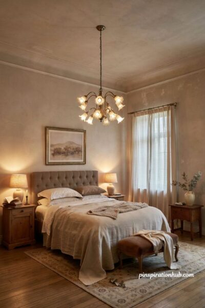 Chandelier bedroom lighting ideas with vintage elegant focal point