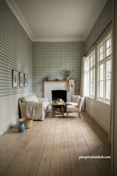 Checked gingham wallpaper cottage living room with beadboard trim