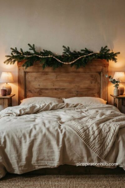 Christmas bedroom headboard with evergreen garland wooden beads and warm fairy lights