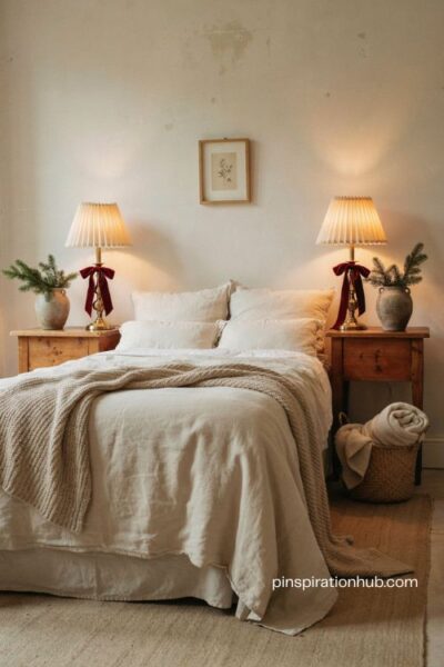 Christmas bedroom lamps with red velvet bows and cozy festive holiday decor