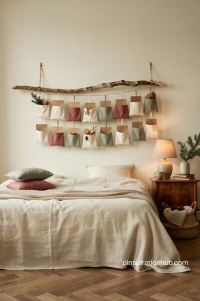 Christmas bedroom wall with handmade advent calendar fabric pockets and cozy holiday decor