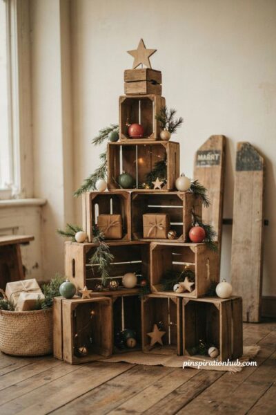Christmas booth display ideas vendor stacked crate Christmas tree display