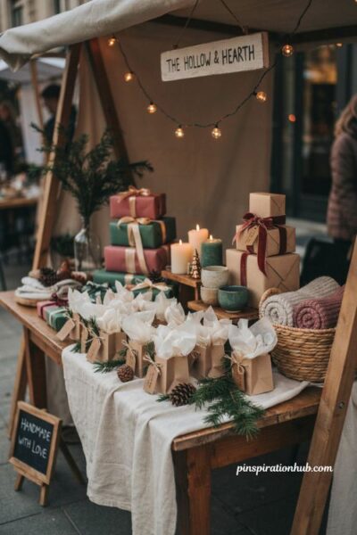 Christmas booth display ideas with curated holiday gift sets and festive packaging