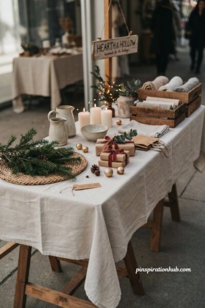 Christmas booth display ideas with simple neutral tablecloth and seasonal accents