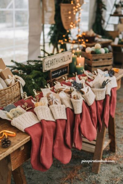 Christmas booth display ideas with stockings along table front for stocking stuffers