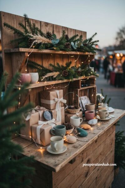 Christmas booth display ideas with warm string lights and cozy vendor decor