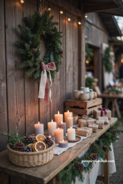 Christmas booth display ideas with wreath ribbon and garland for vendors