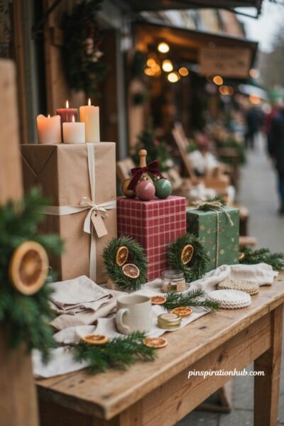 Christmas booth display ideas wrapped boxes product risers vendor table