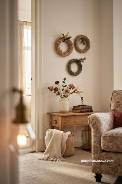 Christmas corner decor with woven wreaths magnolia and colorful flowers