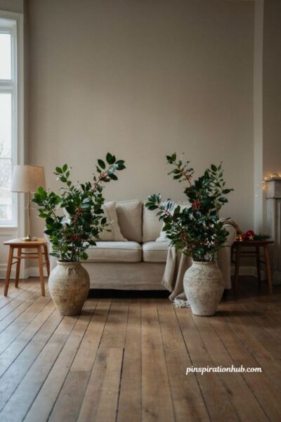 Christmas living room focal point with matching vases and holly branches