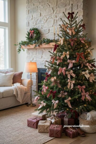 Christmas tree decor with ribbon bows and chocolate brown wrapped gifts
