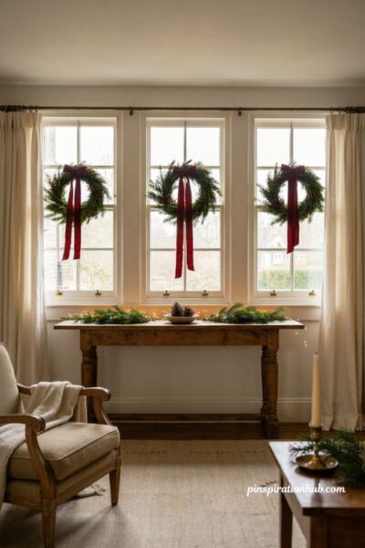 Christmas window decorations with centered wreaths and wide red ribbon