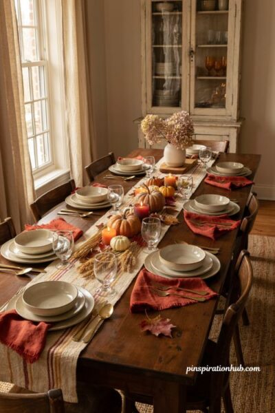 Classic Thanksgiving table decor with red orange and golden accents