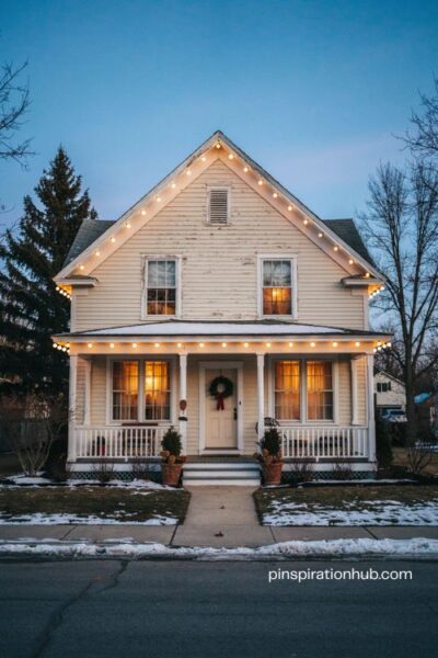 Classic c9 roof line lights with warm white christmas bulbs on a traditional home