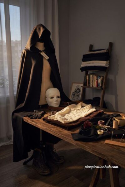 Classic horror villain costume with hooded cloak and white mask