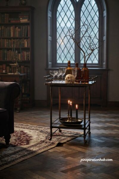 Classy Halloween decor with a moody bar cart skull amber bottles and black candles