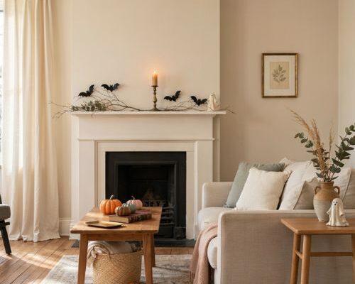 Classy Halloween decor with elegant pumpkins ghosts and warm candlelight