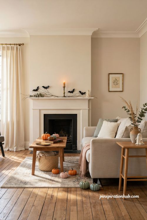 Classy Halloween decor with elegant pumpkins ghosts and warm candlelight