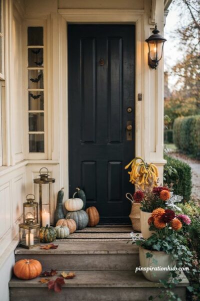 Classy Halloween decor with layered lanterns pumpkins and gourds on a front porch