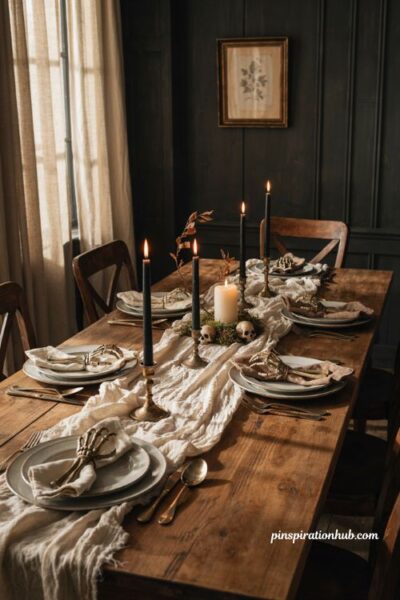Classy Halloween decor with skeleton hand napkin rings and black taper candles