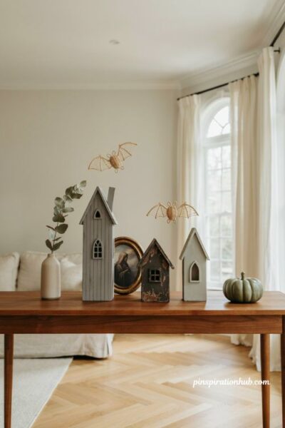 Classy Halloween decor with taper candles and black candelabra