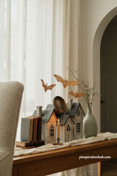 Classy Halloween decor with tiny haunted village and wicker bats