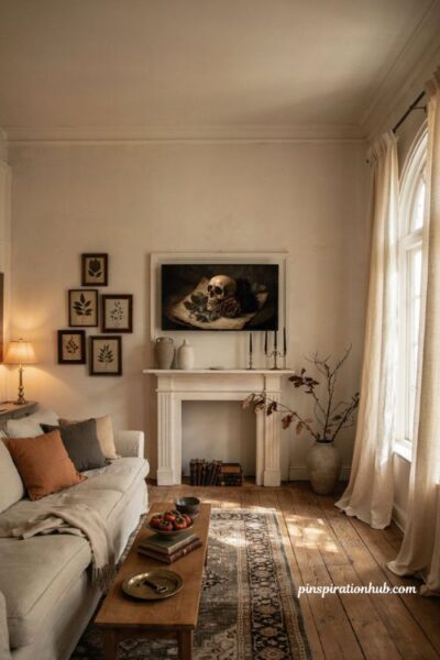 Classy Halloween decor with vintage skull Frame TV art in a cozy living room