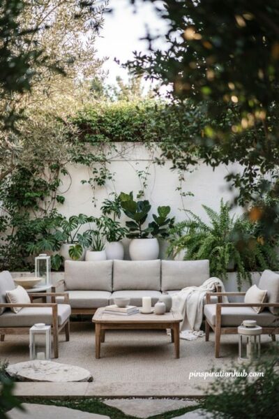 Cohesive color palette cozy backyard ideas with green and white decor