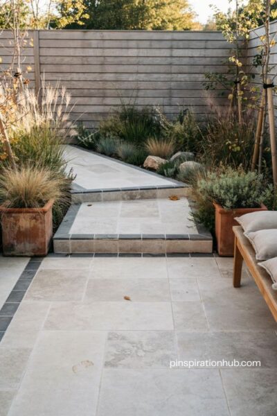 Continuous paver patio and walkway ideas for a larger looking modern yard