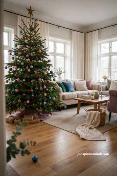 Coordinated Christmas living room decor matching tree ornaments with throw pillows