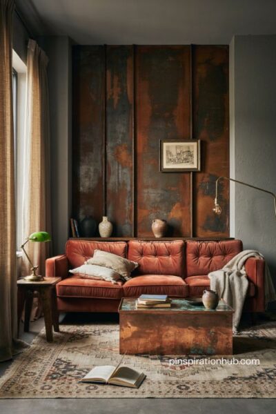 Copper and corten steel moody living room with rust velvet sofa charcoal walls and vintage brass lamps