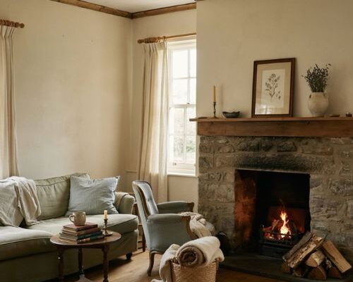 Cottage living room with beadboard ceiling fireplace and cozy vintage decor